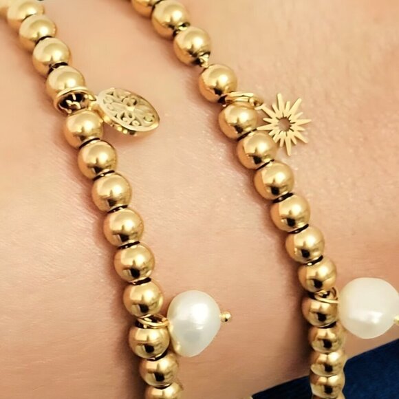 🆕️18K Gold Plated Stainless Steel Beaded Bracelet with Mandala & Pearl Charms ✨ - Picture 3 of 10